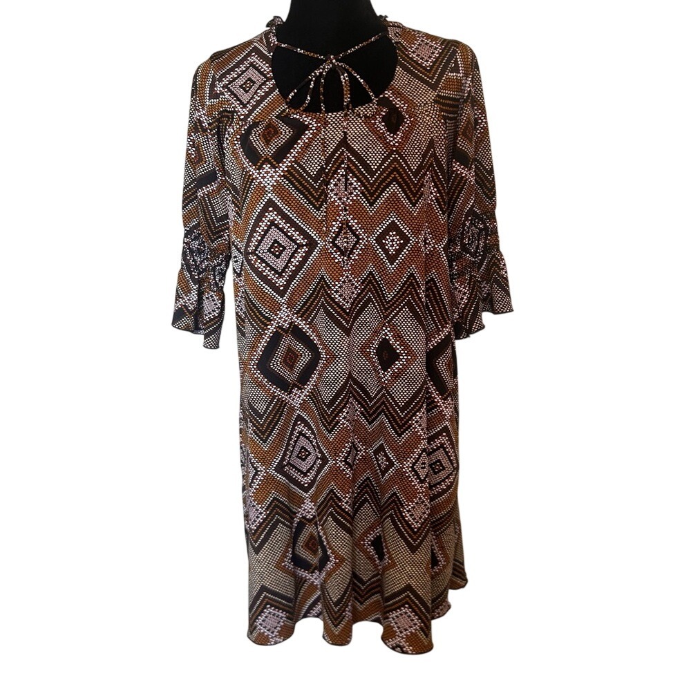 JB by Julie Brown Brown & Cream Cobra Geometric Midi Dress with Tie-Neck Size M